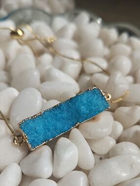 Gold-Plated Blue Druzy Agate Bar Bracelet- Genuine Stone Women's Jewelry
